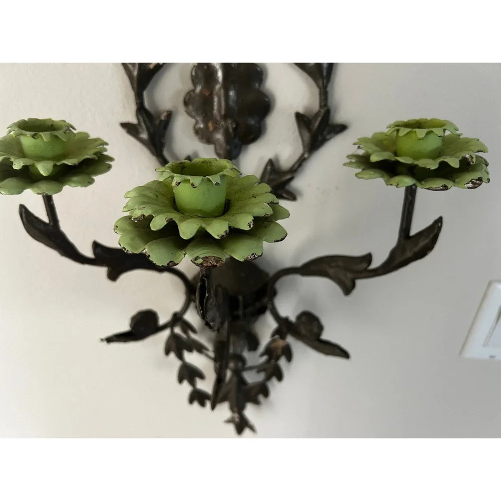 Antique Wrought Iron Wall Sconce Candelabra Green Flower Leaf Ornate Dark